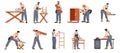 Carpenter character. Cartoon craftsman woodworking industry, joiner with instruments building wooden constructions