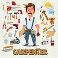 Carpenter character design with set of tools. Carpentry work design concept. typographic. vector