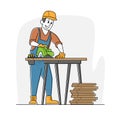 Carpenter with Circular Saw Working in Workshop. Worker Carpentry Woodwork. Joiner Man Sawing Planks on Wooden Table