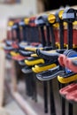 Carpenter clamps in a woodworking workshop