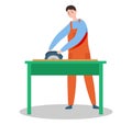 Carpenter cutting wood with circular saw at workbench. Male worker in apron using power tool. Craftsmanship and