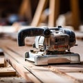 carpenter cutting wood with saw, closeup shot of an electric planer for woodworking