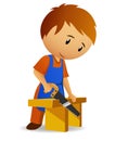 Carpenter cutting the wooden panel with handsaw Royalty Free Stock Photo