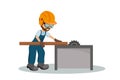 Male carpenter cutting a wooden plank with os industrial safety equipment. Vector illustration