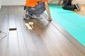 Carpenter doing laminate floor work Royalty Free Stock Photo