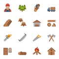 Carpenter elements or Woodworker flat color icons set 1