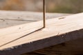 Carpenter fixing pine board with a long Royalty Free Stock Photo