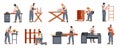 Carpenter with furniture. Man with lumber equipment working sawing with wood material, woodworking carpentry handcraft