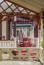 Carpenter Gothic Cottages with Victorian style, gingerbread trim in Wesleyan Grove, town of Oak Bluffs on Martha`s Vineyard, Royalty Free Stock Photo