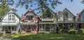 Carpenter Gothic Cottages with Victorian style, gingerbread trim in Wesleyan Grove, town of Oak Bluffs on Martha`s Vineyard, Royalty Free Stock Photo