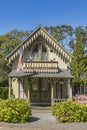 Carpenter Gothic Cottages with Victorian style, gingerbread trim in Wesleyan Grove, town of Oak Bluffs on Martha`s Vineyard, Royalty Free Stock Photo