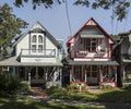 Carpenter Gothic Cottages with Victorian style, gingerbread trim in Wesleyan Grove, town of Oak Bluffs on Martha`s Vineyard, Royalty Free Stock Photo