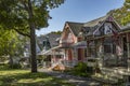 Carpenter Gothic Cottages with Victorian style, gingerbread trim in Wesleyan Grove, town of Oak Bluffs on Martha`s Vineyard, Royalty Free Stock Photo