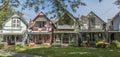 Carpenter Gothic Cottages with Victorian style, gingerbread trim in Wesleyan Grove, town of Oak Bluffs on Martha`s Vineyard, Royalty Free Stock Photo