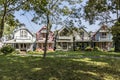 Carpenter Gothic Cottages with Victorian style, gingerbread trim in Wesleyan Grove, town of Oak Bluffs on Martha`s Vineyard, Royalty Free Stock Photo