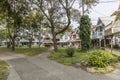 Carpenter Gothic Cottages with Victorian style, gingerbread trim in Wesleyan Grove, town of Oak Bluffs on Martha`s Vineyard, Royalty Free Stock Photo