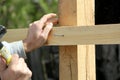 Carpenter hammers a nail with a hammer