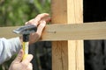 Carpenter hammers a nail with a hammer