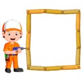 Carpenter with hand drill and wood frame