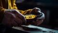 Carpenter hand holds measuring tool on plank generated by AI