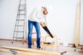 Carpenter with a handsaw Royalty Free Stock Photo