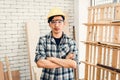 Carpenter Handyman Occupation and Skill Worker Concept, Portrait of Asian Carpentry Man in Personal Safety Equipment Tools