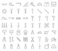 Carpenter, handyman tool and equipment icon set, outline design