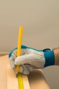 Carpenter handyman using pencil to mark the plank Royalty Free Stock Photo