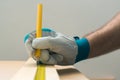 Carpenter handyman using pencil to mark the plank Royalty Free Stock Photo