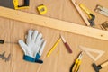 Carpenter handyman workshop desk tabletop with tools Royalty Free Stock Photo