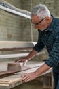 Carpenter hewing the wood and looking involved Royalty Free Stock Photo