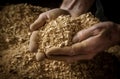 Carpenter holding sawdust in hands. Generate Ai