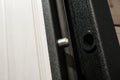Arpenter installs a reliable burglar-resistant lock in the metal door. Royalty Free Stock Photo