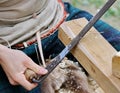 Carpenter job a piece of wood with an ancient woodworking technique