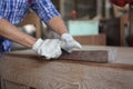 Carpenter, joiner is working in the workshop. Royalty Free Stock Photo