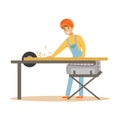 Carpenter man cutting a wooden plank by circular saw, professional wood jointer character vector Illustration Royalty Free Stock Photo