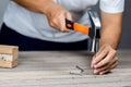 Carpenter man hammering a nail Royalty Free Stock Photo