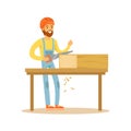 Carpenter man sawing wood in his workshop, woodworker character vector Illustration Royalty Free Stock Photo