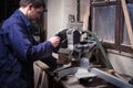 Carpenter man using circular saw Royalty Free Stock Photo