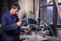 Carpenter man using circular saw Royalty Free Stock Photo