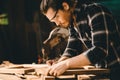 Carpenter man woodcraft working in furniture wood workshop with professional skill real people workman