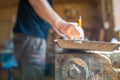 Carpenter marking oak wood board with yellow pencil in workshop, focus on the board