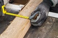 Carpenter measures width of wooden board with elastic tape measure