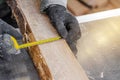 Carpenter measures width of wooden board with tape measure