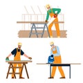 Carpenter men performing woodworking tasks with tools Royalty Free Stock Photo