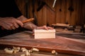 Carpenter nailing and joining some piece of woods with a medium size metal hammer, closeup.
