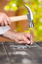 Carpenter nailing a nail