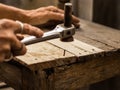 Carpenter nailing in a wooden surface stock footage.