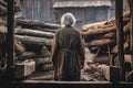Carpenter old woman sawmill. Generate Ai