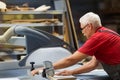 Carpenter with panel saw and fibreboard at factory Royalty Free Stock Photo